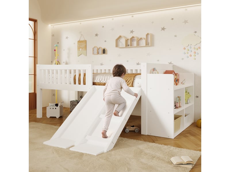 Lit mezzanine enfant 90x200 cm avec toboggan, en bois mdf et pin blanc, avec rangement intégré et espace jeu pour chambre enfant IKSETERA TRADING LTD - Conforama D