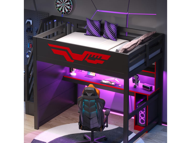  Lit superposé pour enfant 140 x 200 cm, avec bureau, escalier intégrant des rangements, éclairage led et port usb, noir  - Conforama D