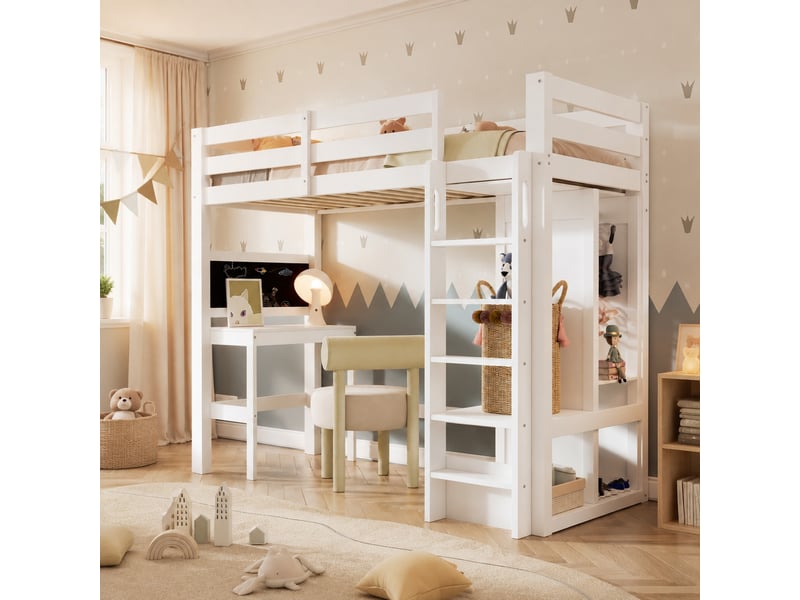  Lit mezzanine 90x200 cm avec bureau et tableau en bois blanc  - Conforama B