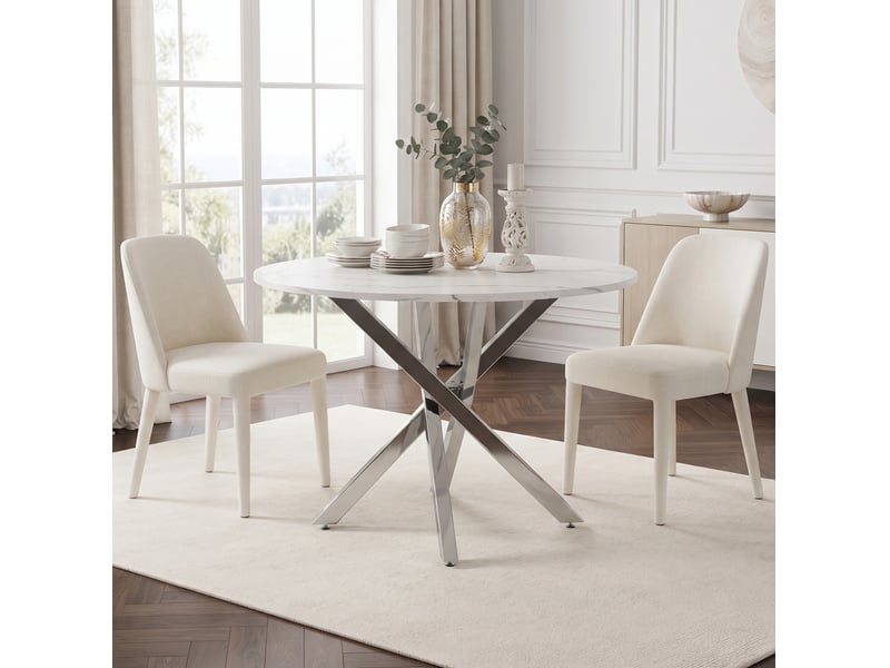  Table à manger ronde 80 x 80 x 75 cm, plateau effet marbre, blanc argenté  - Conforama D
