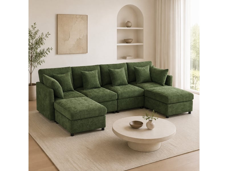 Canapé modulable vert en chenille avec 2 poufs et 6 coussins, 4 à 6 places - Conforama C