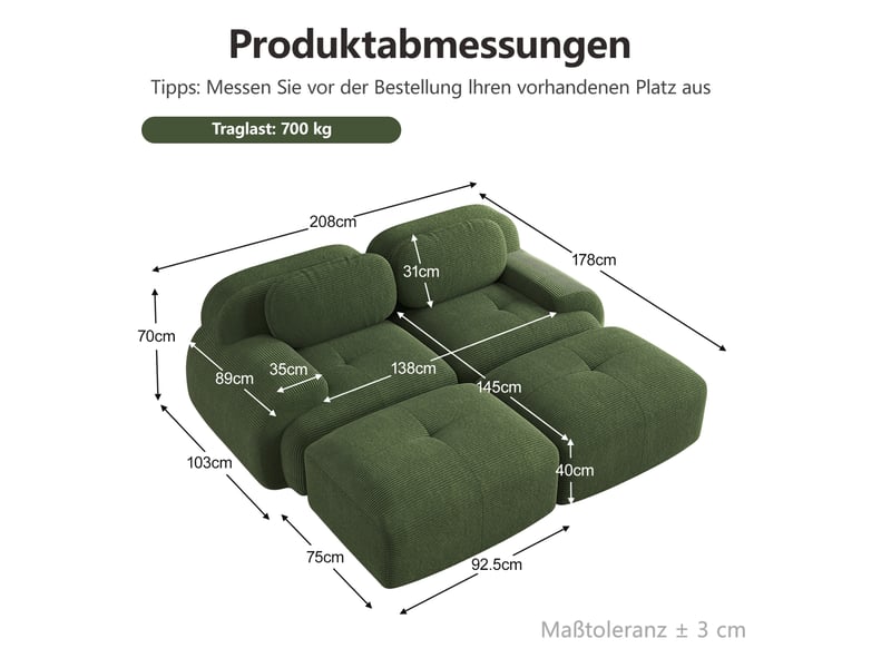  Canapé modulaire 2 places modenvie sans cadre en velours côtelé vert 208 x 178 x 70 cm  - Conforama C