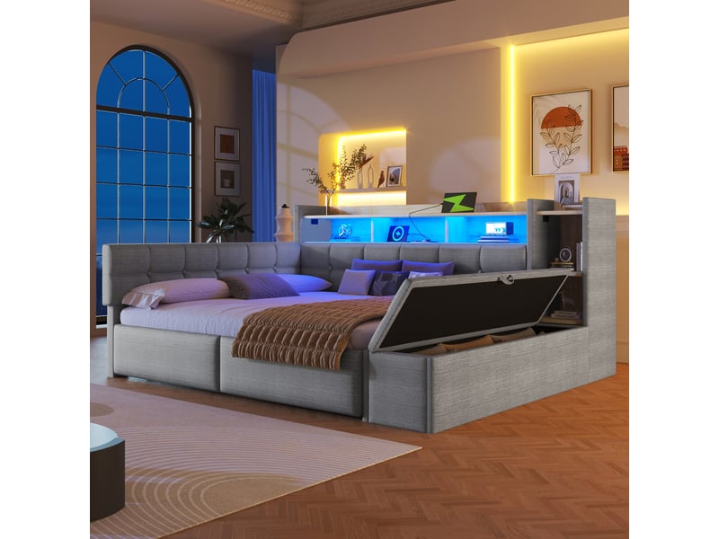  Lit de jour 140 × 190 cm avec deux tiroirs, usb type-c, étagère, led, sans matelas, velours gris, style moderne  - Conforama C