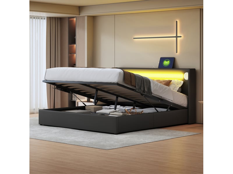  Lit double 160 x 200 cm avec rangement hydraulique, led, bluetooth et usb noir  - Conforama B