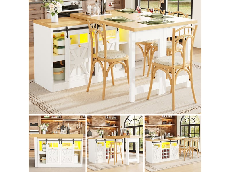  Îlot de cuisine 120cm, table à manger + meuble latéral, plateau rotatif 360°, led variable, design moderne, blanc  - Conforama D
