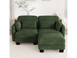 Canapé d'angle modulable - 2 places - forme l - 1 ottoman - coussins d'accoudoirs - tissu chenille - structure en bois massif - vert
