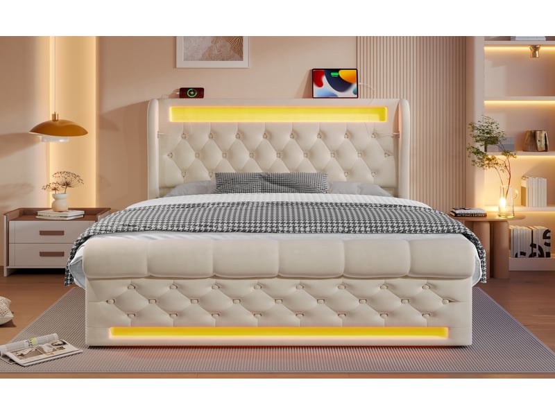  Lit coffre 160x200 cm velours beige led tête de lit usb-c, rangements intégrés et matelas inclus  - Conforama B