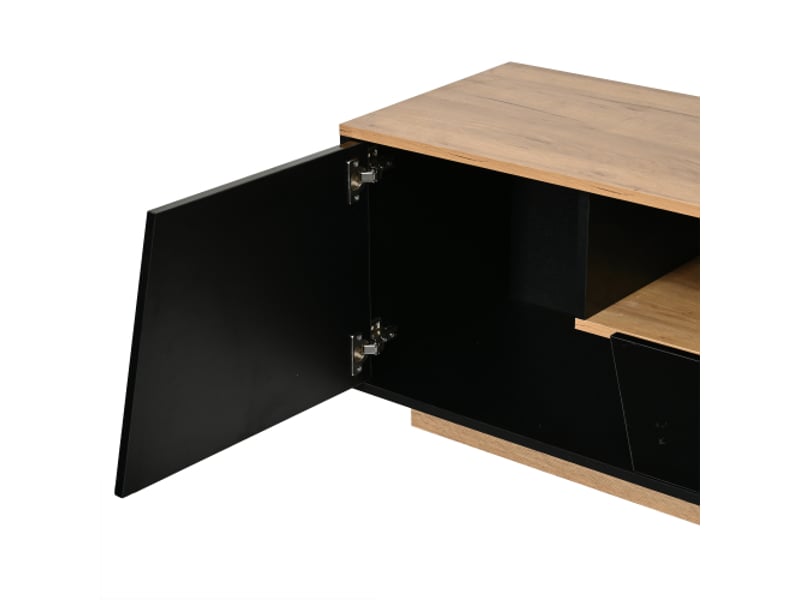  Meuble tv noir brillant et bois 180x40x46 cm - led intégrée, 2 tiroirs, 2 placards, pour tv jusqu'à 75 pouces  - Conforama D