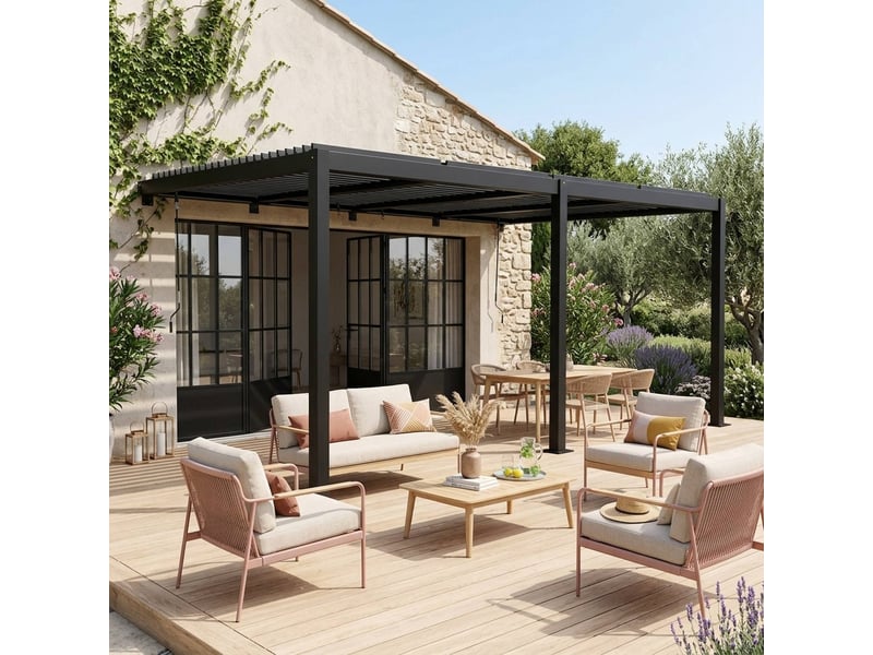  Pergola bioclimatique aluminium adossée lames orientables 5x3m noir palace  - Conforama B