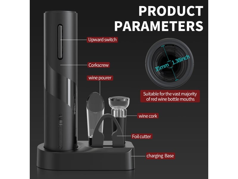  Décapsuleur électrique 5 en 1 avec base de rangement rechargeable, coupe-capsule, bec verseur et bouchon de vin  - Conforama B