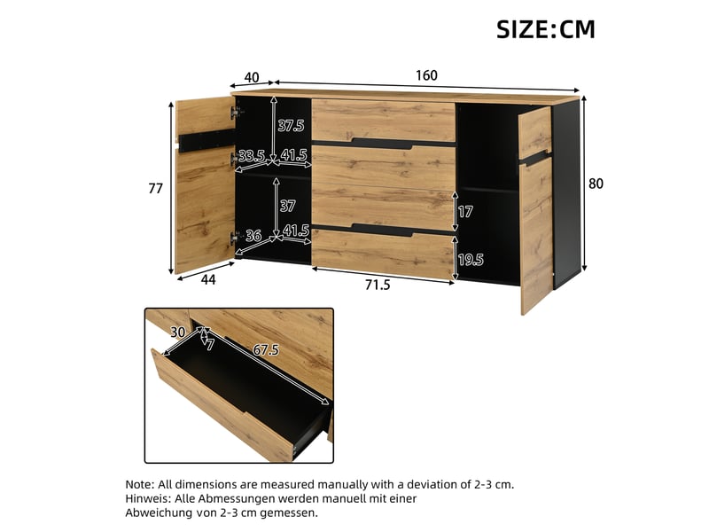  Buffet salon 160 cm noir et bois 2 portes 4 tiroirs  - Conforama C