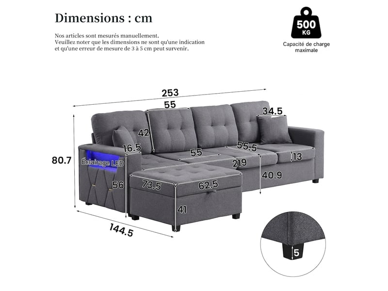  Canapé d'angle modulable 4 places avec ports usb et usb-c sur les deux accoudoirs - coffre led  - Conforama C