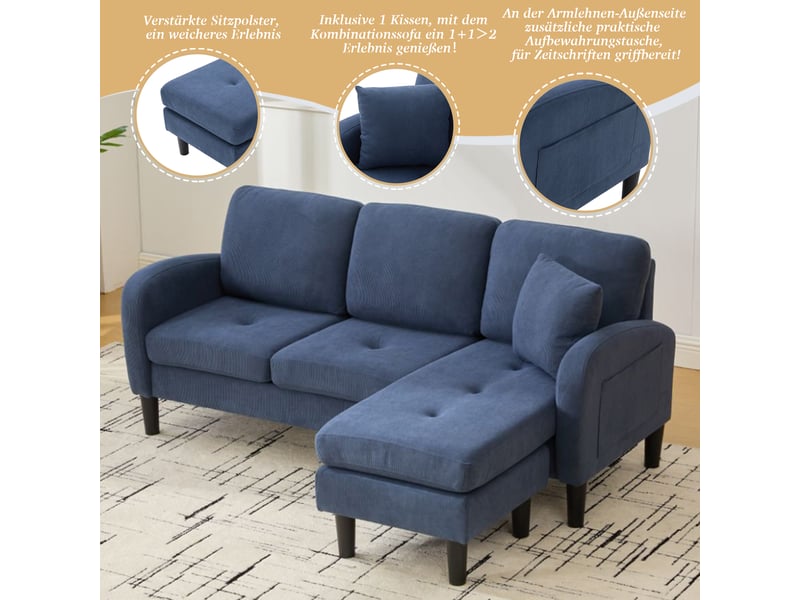 Canapé d'angle en l modulable - canapé 3 places velours côtelé bleu  - Conforama D