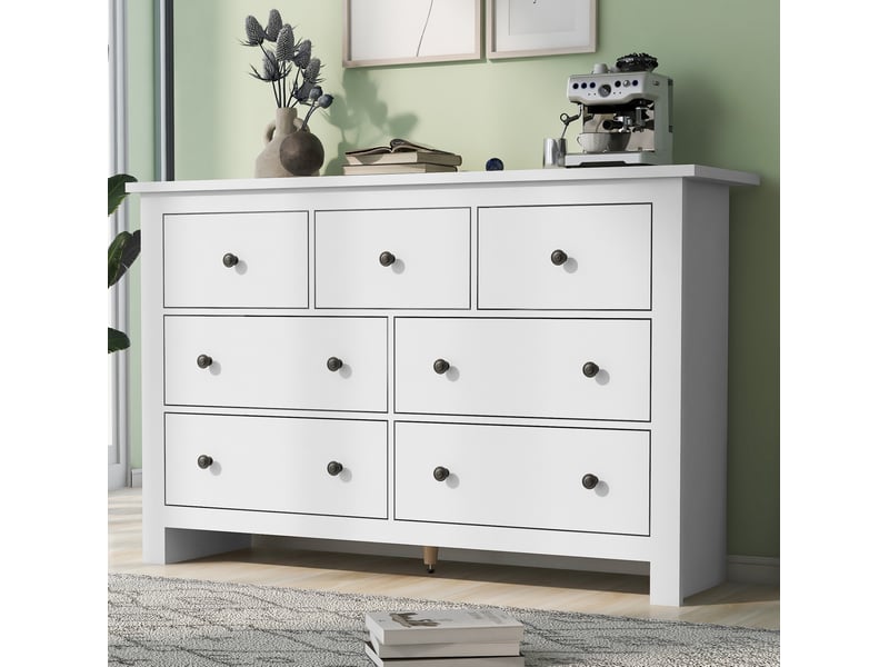  Commode 7 tiroirs 152x40x88,5 cm grande capacité, glissières soyeuses, style français, panneau de particules, blanc  - Conforama D