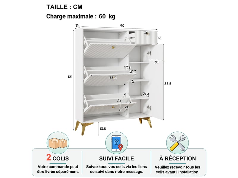  Meuble à chaussures avec 3 abattants, 1 tiroir, 1 porte et étagères réglables pour entrée, 90×25×121 cm, blanc  - Conforama D