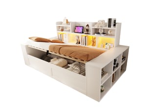 Lit banquette 1 place 90 x 200 cm en bois blanc, coffre hydraulique, rangements intégrés au dossier et aux accoudoirs, prise électrique, éclairage led