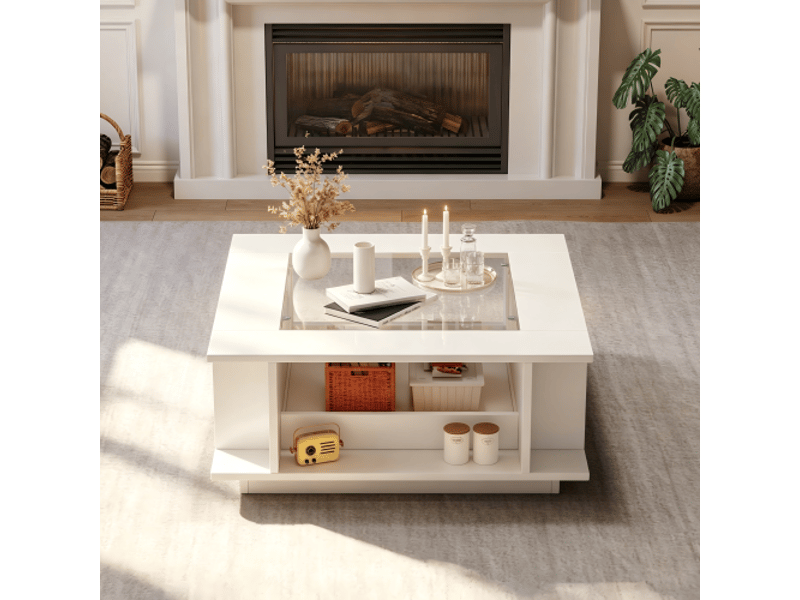 Table basse 70x70 cm blanc brillant, plateau verre, led, table d'appoint salon, charge max 30 kg, panneau de particules - Conforama D