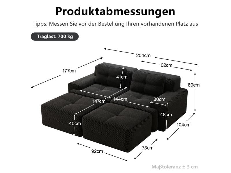  Canapé modulable 2 pl 204x177x69cm, canapé sous vide avec poufs, assise généreuse, pièce de salon, velours côtelé, noir  - Conforama C