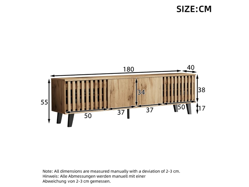  Meuble tv 180x40x55 cm, 8 compartiments, pour téléviseur jusqu’à 70 pouces, coloris naturel  - Conforama E