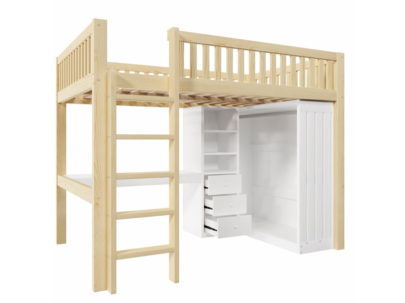  Lit mezzanine naturel 140x200 cm, bureau, armoire, 3 tiroirs et rangements intégrés  - Conforama E
