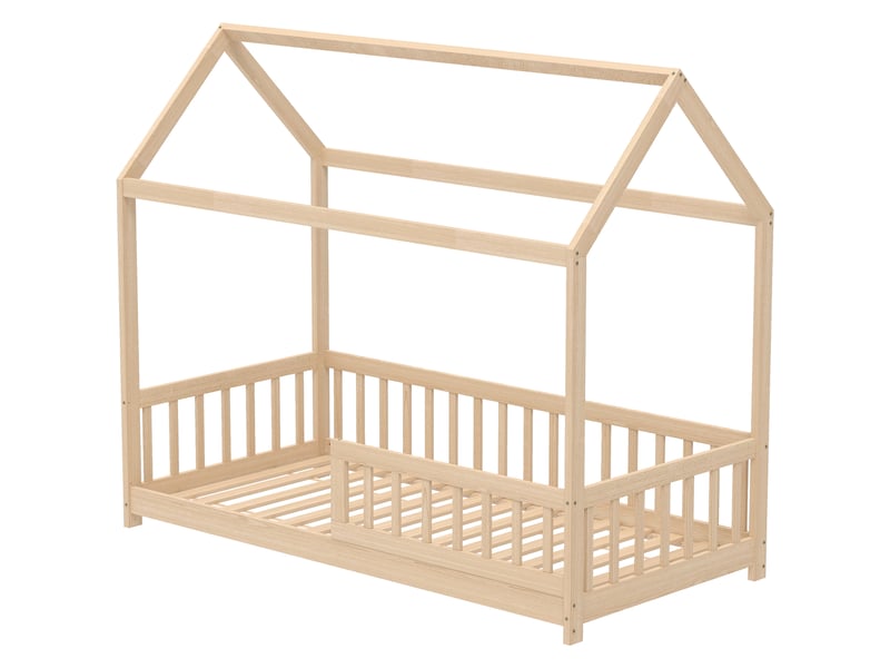 Lit cabane enfant en bois avec barrières de sécurité, pin naturel, 90x190 cm - Conforama B