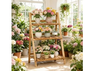 Étagère pliante à poser avec 3 niveaux 60 x 37 x 93 cm, design échelle, en bois brun, pour plantes et décoration
