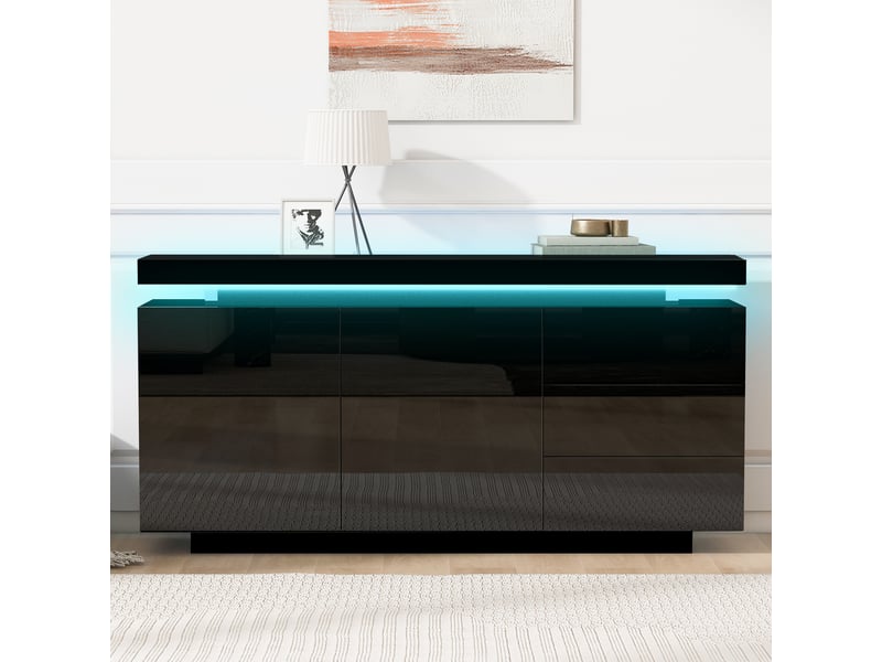  Buffet noir brillant avec led meuble de rangement 140 cm 2 portes 3 tiroirs design moderne sans poignée pour salon  - Conforama B