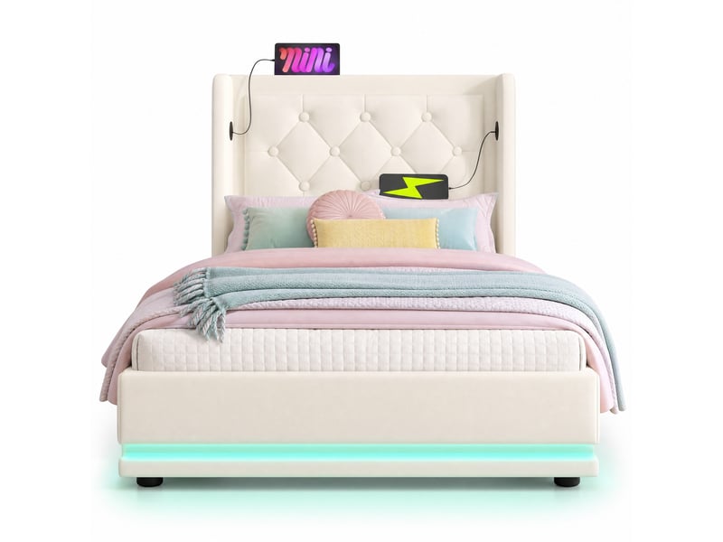  Lit coffre 1 place 90x200 cm en pu blanc avec led, usb et usb-c  - Conforama A