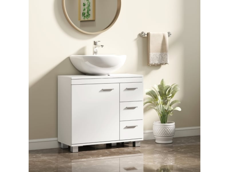  Meuble sous lavabo blanc avec 2 étagères et 3 tiroirs, structure en mdf, rangement salle de bains  - Conforama B