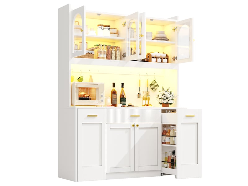 Buffet de cuisine haut avec étagères, 3 vitrines en verre, led rgb et tablettes coulissantes, 120 × 40 × 187 cm - Conforama A