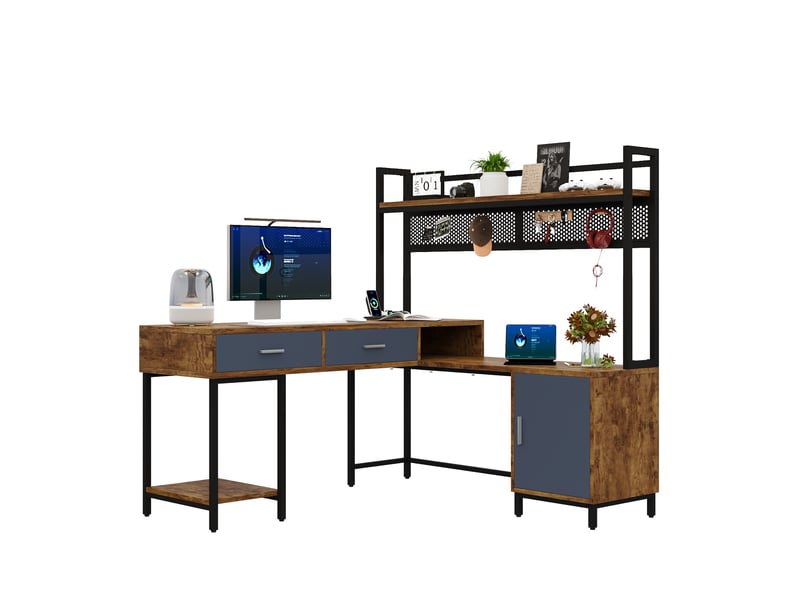  Bureau d'angle en l 140x140x135cm - bureau informatique industriel avec surmeuble, étagère, 2 tiroirs et caisson - noir  - Conforama A
