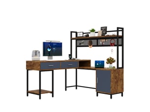 Bureau d'angle en l 140x140x135cm - bureau informatique industriel avec surmeuble, étagère, 2 tiroirs et caisson - noir