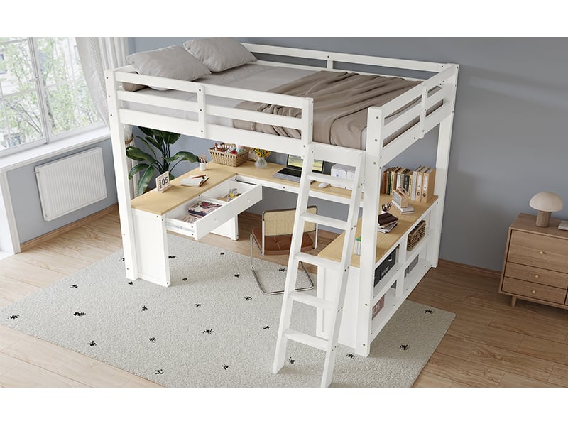  Lit mezzanine enfant 140 x 200 cm avec bureau en u, 2 tiroirs et étagère, escalier à cinq marches et garde-corps, bois, blanc Morn Vibe - Conforama C