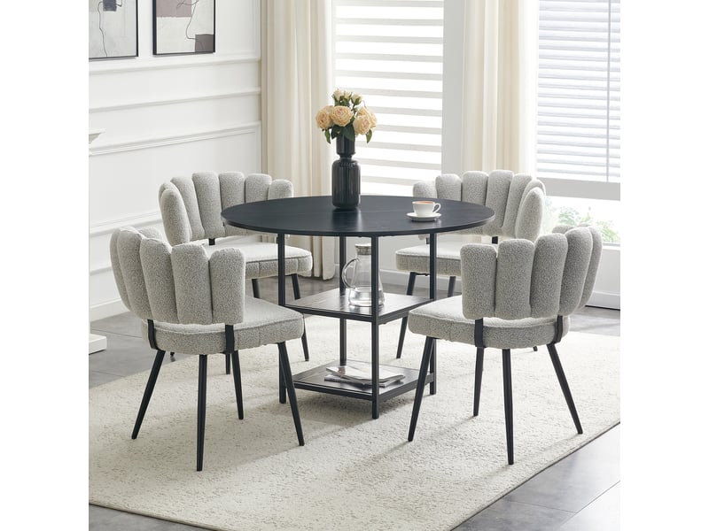  Ensemble table à manger extensible avec 4 chaises, table blanche avec rangement et fauteuils rembourrés en tissu bouclé  - Conforama B