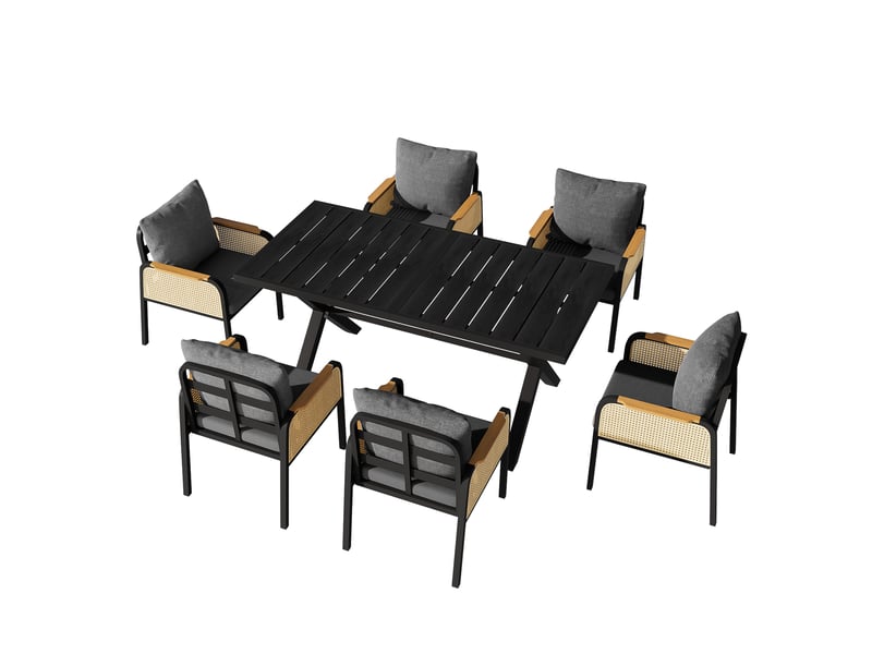 Salon de jardin,148x80x75 cm,1 table et 6 chaises avec coussins,noir et naturel - Conforama A
