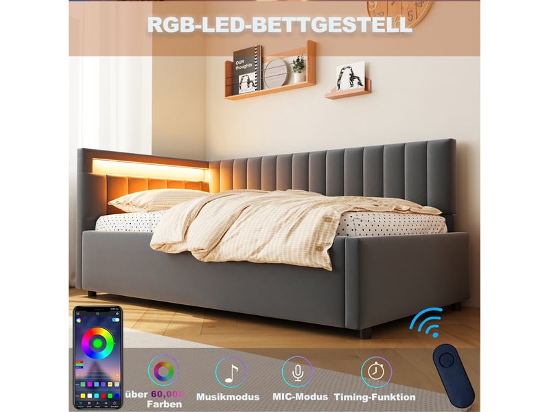 Lit banquette 90x200 cm en velours gris, led, coffre hydraulique et dossier latéral modulable - Conforama B