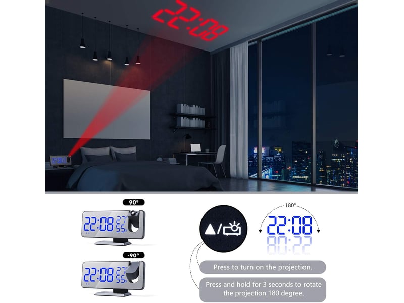 Radio-réveil à projection radio-réveil numérique 4 gradateurs et rotatif à 180 ° et 2 sons 7.4 '' grand écran miroir noir-bleu - Conforama E
