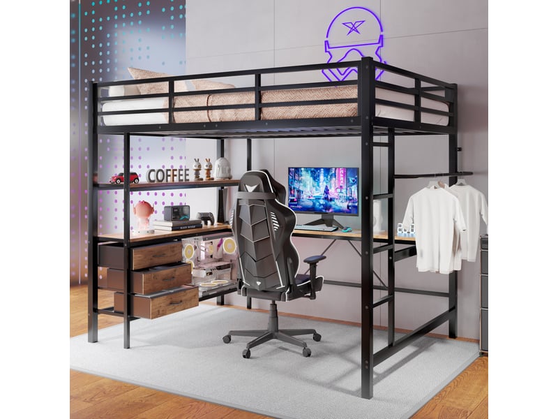 Lit mezzanine 140x200 cm avec bureau, led, prise usb et prise secteur, 3 tiroirs, étagères, escalier et garde-corps, sans matelas - noir - Conforama E
