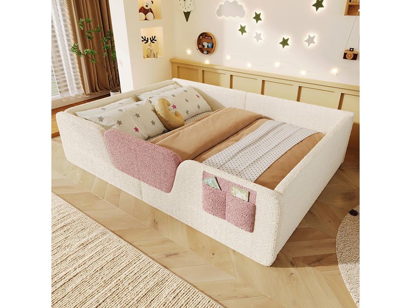  Lit enfant rembourré 140x190 cm, barrières amovibles, poche intégrée, avec sommier à lattes, tissu velours, beige, sans matelas  - Conforama B