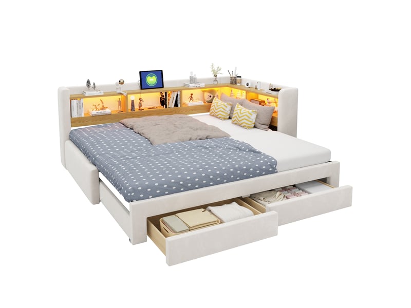 Lit extensible 3-en-1 90x200 cm en velours beige avec tiroirs, led et prise - Conforama A