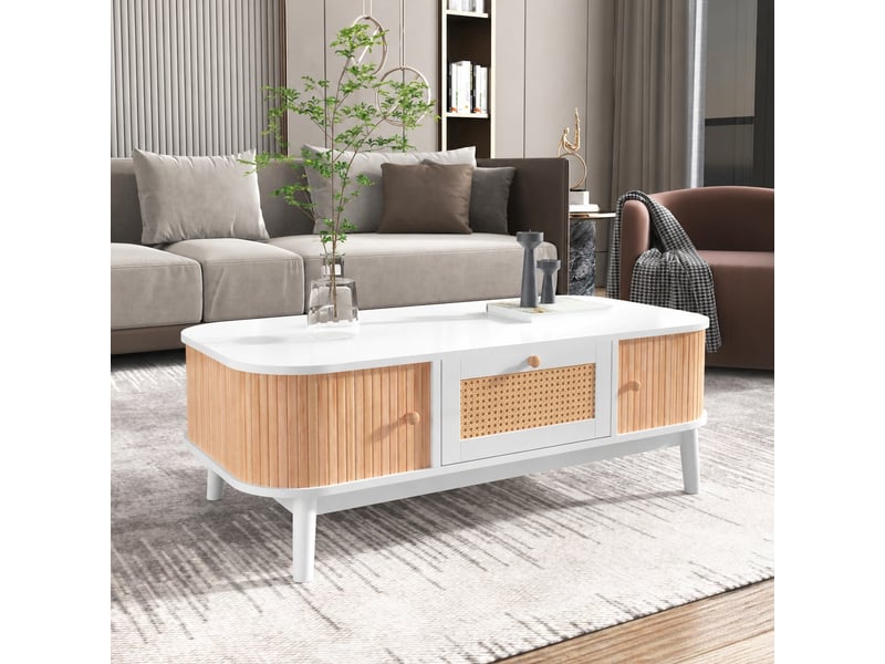  Table basse blanche et bois avec tiroir en rotin et portes coulissantes, 110 x 55 x 38,5 cm  - Conforama D