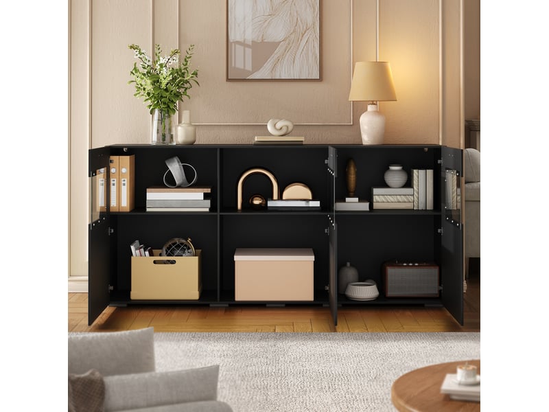 Buffet 160x38x78 cm avec 3 portes led commandée par application panneau de particules couleur noir - Conforama D