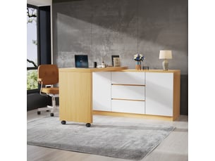 Bureau pivotant à 360 degrés, bureau d'angle modulable avec tiroirs, bureau blanc et chêne pour espace de travail.