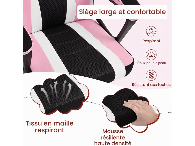  Chaise de jeu pour enfants, motif licorne, en tissu maillé, rose, avec dossier et accoudoirs, avec roulettes universelles et lestées  - Conforama C