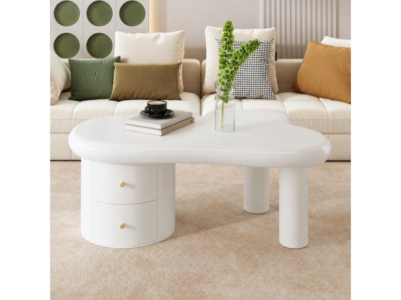  Table basse organique blanche en mdf avec 2 tiroirs, 97 x 64 x 42 cm  - Conforama E