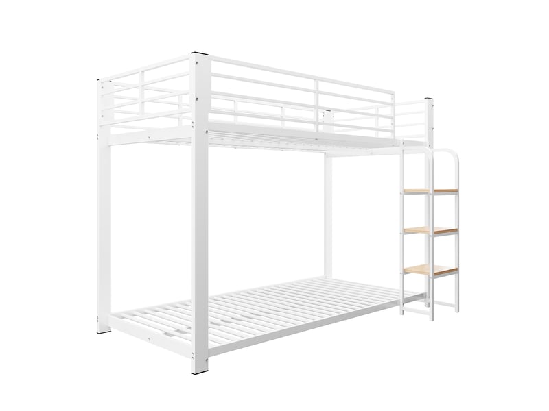  Lit superposé métal blanc 90x200 cm avec échelle étagère en bois et sécurité  - Conforama E