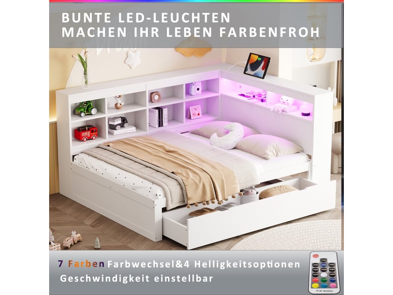  Lit coffre 140x200 cm avec rangements intégrés, led et usb, pin blanc, sans matelas  - Conforama D