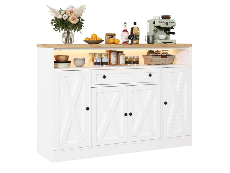  Buffet avec led rgb et  avec 4 portes et tiroir, buffet salon 140x35x95 cm en mdf blanc, meubles de rangement  - Conforama A
