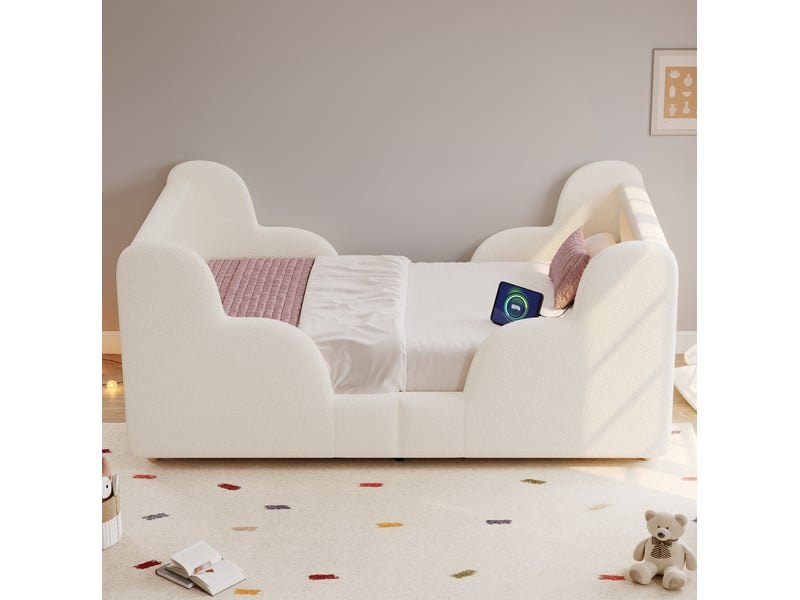  Modenvie lit enfant 90x200 cm - barrières rembourrées, ports usb-c et veilleuse - sommier inclus, sans matelas - beige  - Conforama D