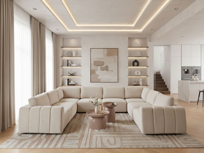 Canapé modulable en forme de u 8 places kivvik bouclé blanc cassé - Conforama B